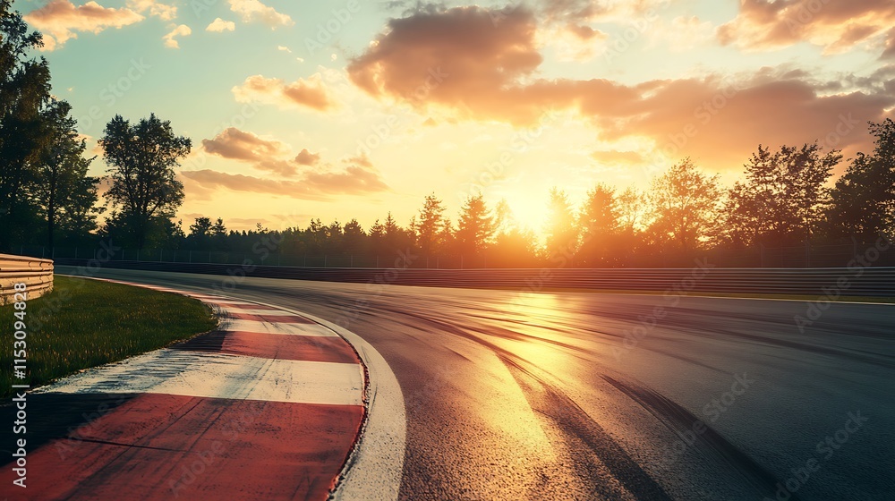Naklejka premium Stunning Sunset Wide Shot: Race Track at Golden Hour. AI Generated