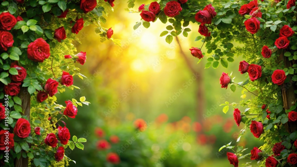 A lush green garden with a sprawling vine covered in red roses and foliage, set against a warm golden background , roses A lush green garden with a sprawling vine covered in red roses and foliage, set against a warm golden background , roses