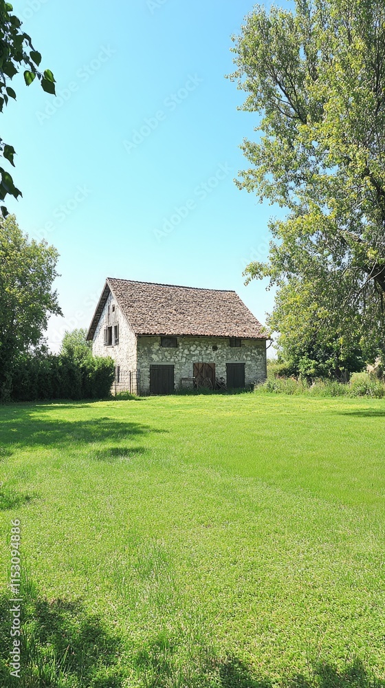 A serene landscape featuring a rustic stone building surrounded by lush green grass and trees. A serene landscape featuring a rustic stone building surrounded by lush green grass and trees.