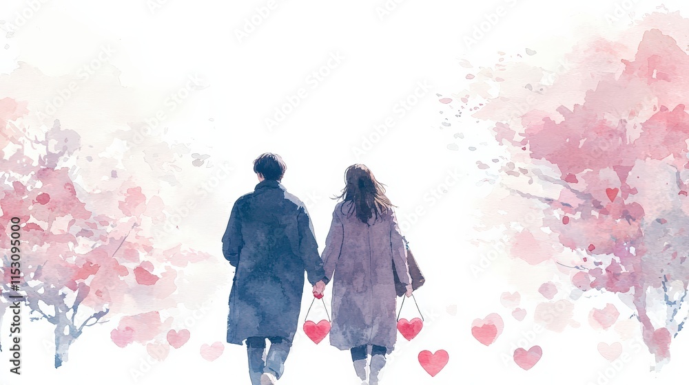 Obraz premium Couple holding hands, walking through blossoming trees, hearts floating