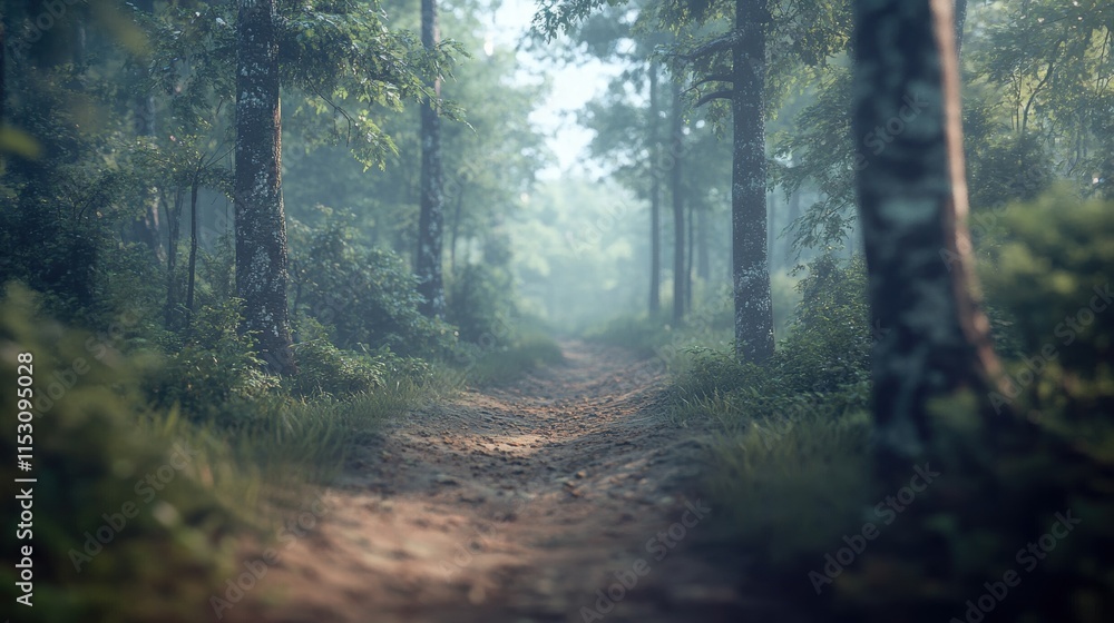 Fototapeta premium Serene Forest Pathway Bathed in Soft Morning Light and Fog