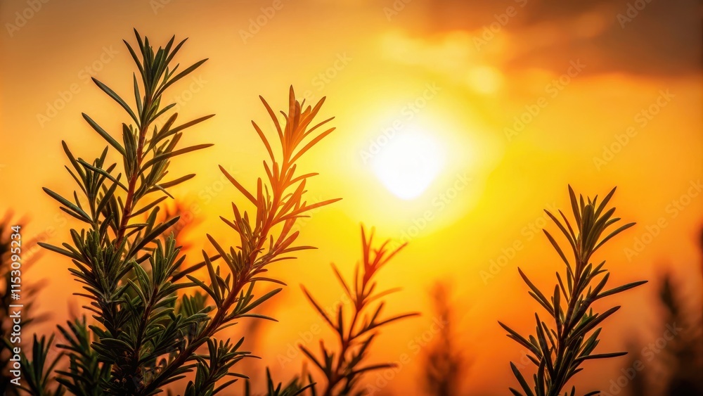 Fototapeta premium Silhouette of rosemary branches against a warm orange sun , spices, flowers, spices, flowers, foliage, botanical
