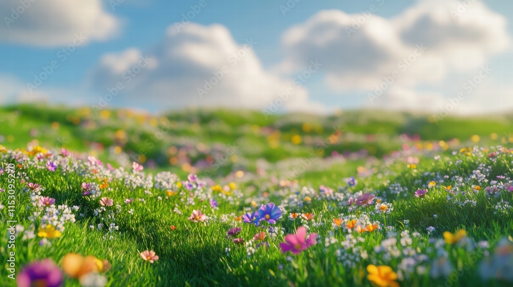 Colorful Wildflower Meadow Under a Blue Sky with White Clouds Colorful Wildflower Meadow Under a Blue Sky with White Clouds