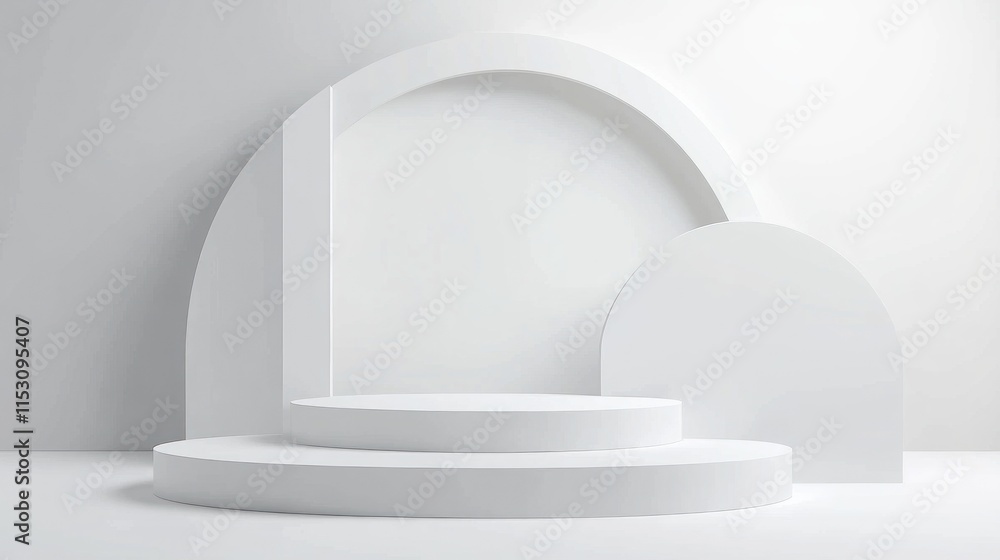 Minimalist white podium with geometric shapes.