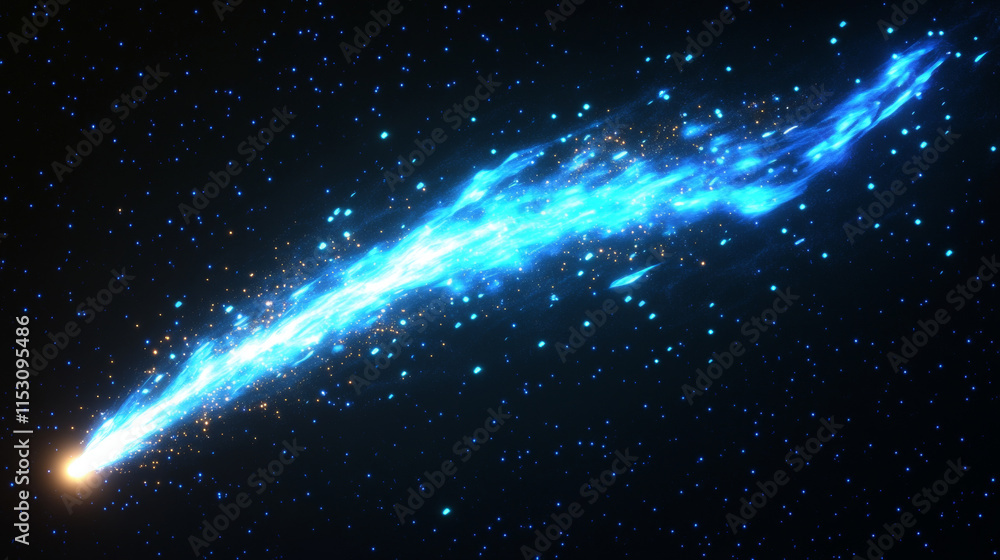 Fototapeta premium Blue fire lines with light sparks, cracker trail effect. Isolated petard sparkles, magic spell, weapon or wand trace. Bright glowing comet, flying asteroid, neon stripes, Realistic 3d vector set