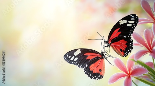 Two Red and Black Butterflies on Pink Flowers Spring Nature Background