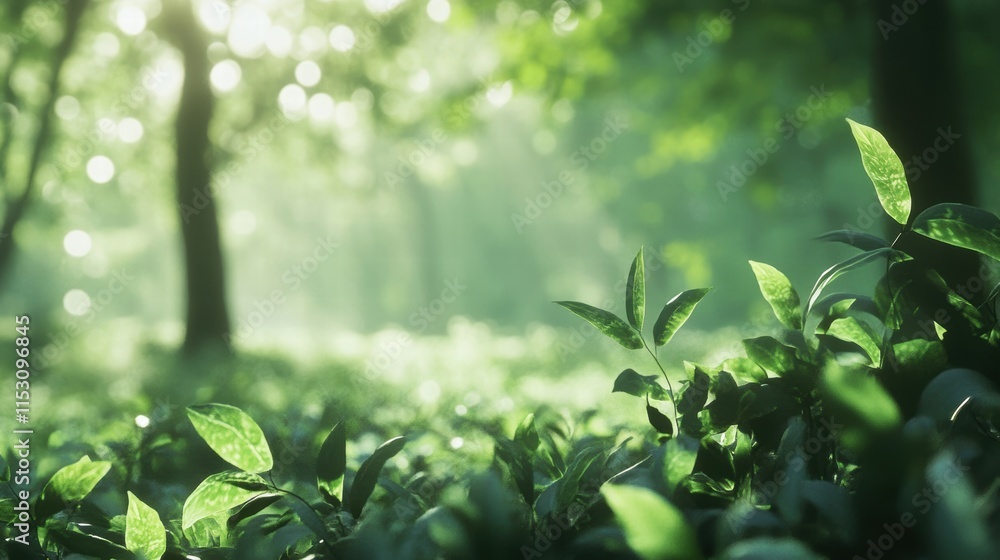 Lush Green Leaves in Sunlit Forest with Gentle Bokeh Effect Lush Green Leaves in Sunlit Forest with Gentle Bokeh Effect