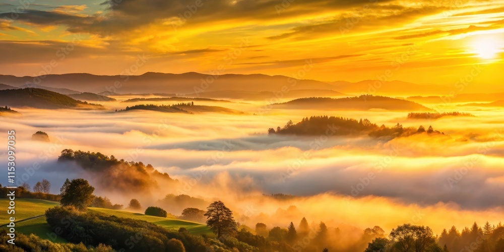 Obraz premium Golden hues of sunrise peeking through the clouds in a serene landscape with soft, wispy fog, set against a backdrop of rolling hills and misty valleys, serene landscape, golden light