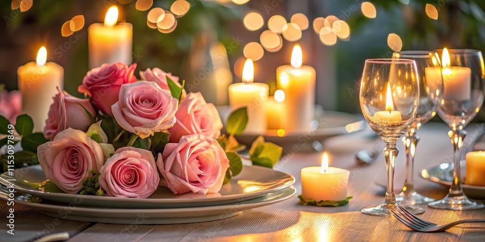 Obraz premium Softly lit dinner table with candlelight and roses, pink, candlelight, pink, candlelight, evening, luxury, dinner