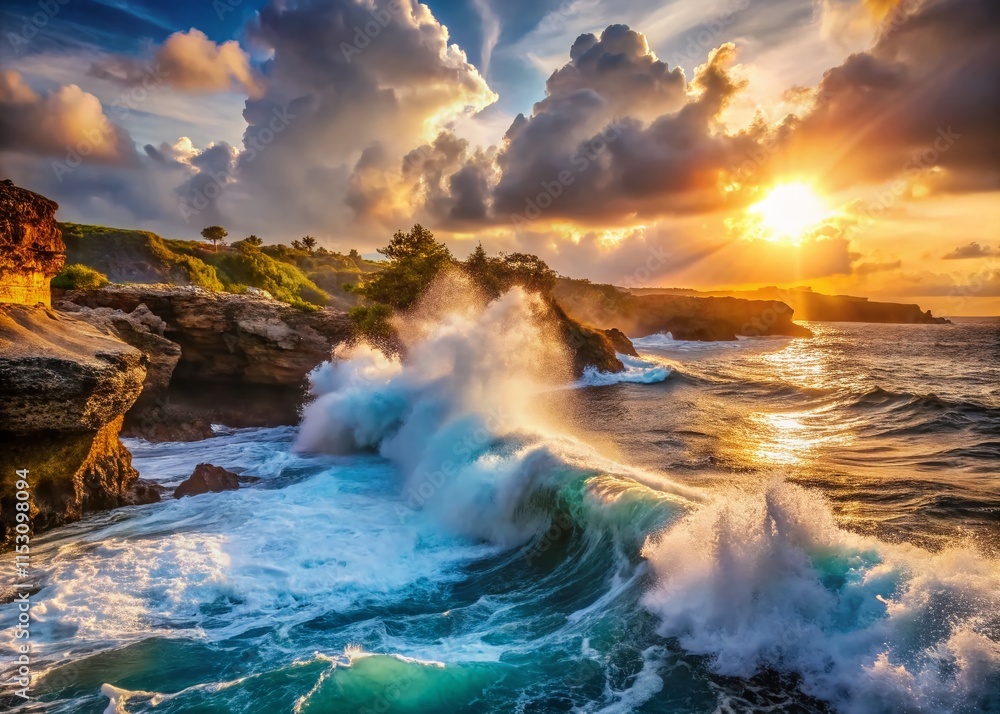 Fototapeta premium Dramatic Waves Crashing on Lembongan Island Rocks, Bali, Indonesia
