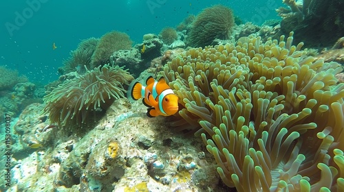 Ocellaris Clownfish Sheltering in Vibrant Sea Anemone Coral Reef