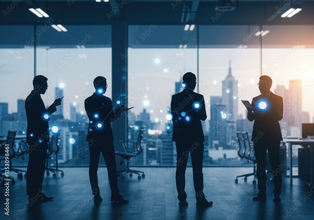 digital network overlay, silhouettes of business people, futuristic connectivity, blue tones, office