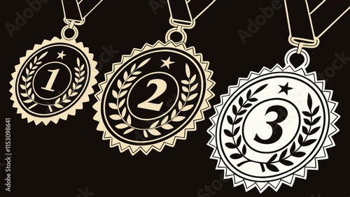 Gold, silver and bronze metal circle frames 3d vector realistic illustration. First, second and third place medals or buttons isolated on black background. Certified. Quality blank, empty badge set.