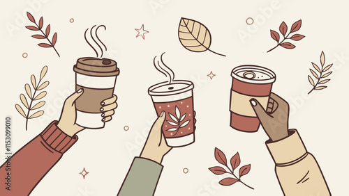 Coffee hands collection, vector illustration in flat cartoon style. Hands holding coffee cups, cozy mugs, to-go cups, warm drinks. Takeaway beverages in autumn, fall and winter themes