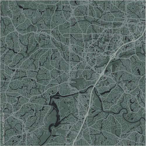 Map of Roswell in Georgia in a smooth dark style. Contains layered vector with roads water, parks, etc.