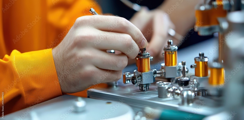 Technician calibrating advanced equipment for optimal performance in a modern lab setting. Technician calibrating advanced equipment for optimal performance in a modern lab setting.