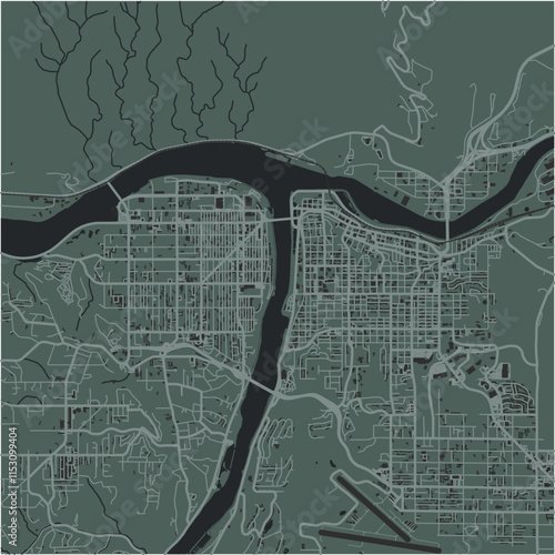 Map of Lewiston in Idaho in a smooth dark style. Contains layered vector with roads water, parks, etc.