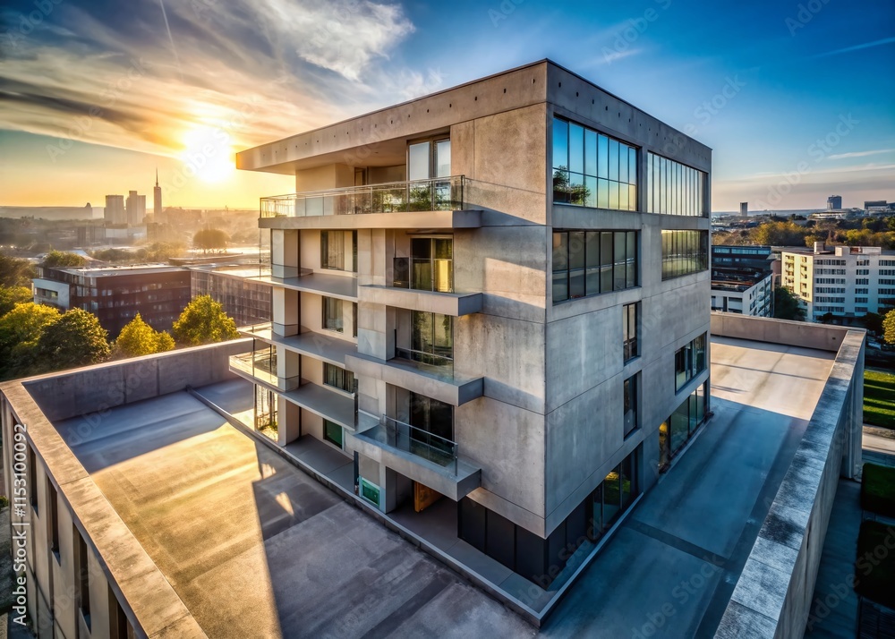Drone View: Grey Concrete Wall Loft Apartment Building - Modern Architecture Drone View: Grey Concrete Wall Loft Apartment Building - Modern Architecture