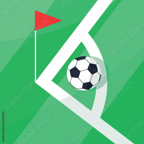 Soccer ball on the corner of the field with red flag. Corner kick concept. Vector illustration.