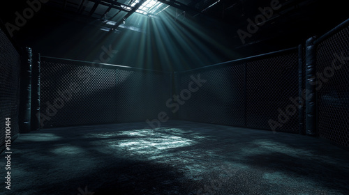 A 3D render of an MMA fight cage arena dressed in black padding spotlit by a single light on an isolated dark background - 3D render photo