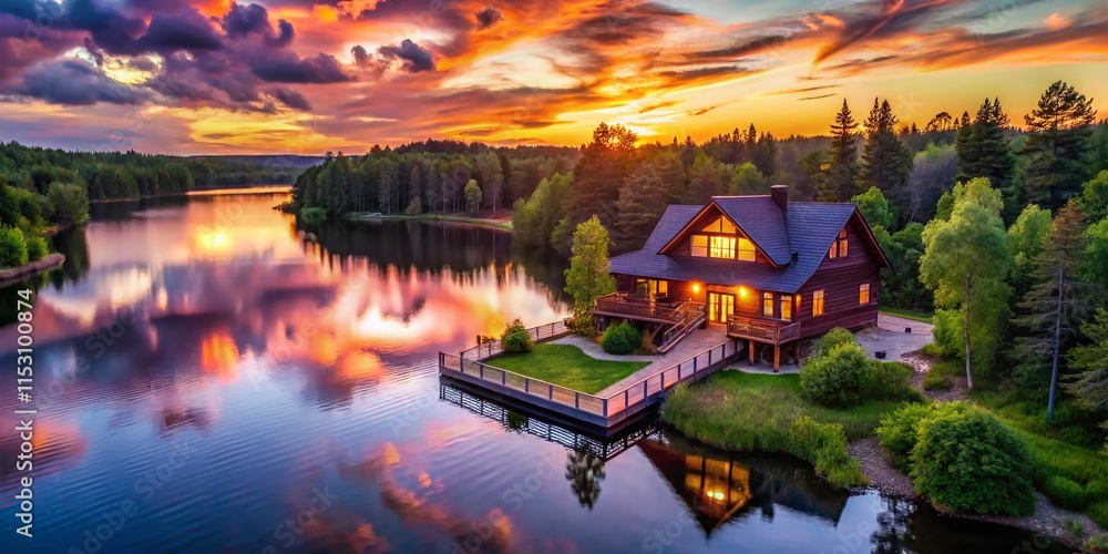 Fototapeta premium Drone View: Rustic Wooden Lake House - Peaceful Lakeside Retreat