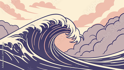 Close up of a wave breaking with clouds in the sky and a hint of the colors of a sunset