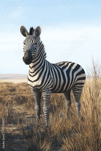 Majestic Zebra Standing in Golden African Savannah Under Clear Blue Sky, Wildlife Safari Scene, Ai Generation