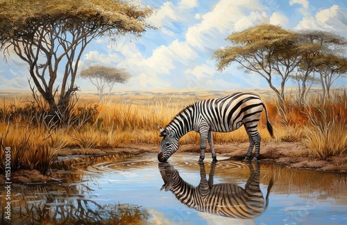 Zebra Drinking at a Waterhole in the Golden Savannah Landscape, Reflections in Tranquil Water, Ai Generation