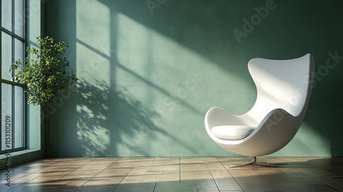 A modern white chair in a sunlit room with a green wall and a potted plant.