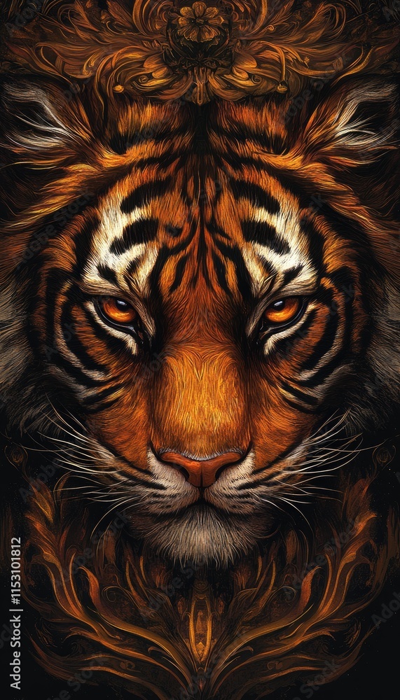 A striking illustration of a tiger's face with intricate patterns and warm colors. A striking illustration of a tiger's face with intricate patterns and warm colors.