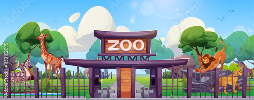 Zoo entrance gates with wooden sign surrounded by exotic animals. Giraffe, zebra and lions behind metal fences amid lush green trees and white puffy clouds. Cartoon zoology park illustration.