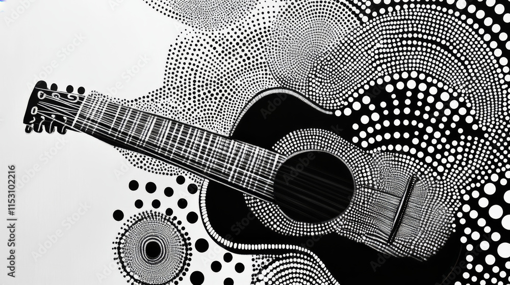Obraz premium Guitarist from particles. Guitar player consists of circles and points. Vector illustration