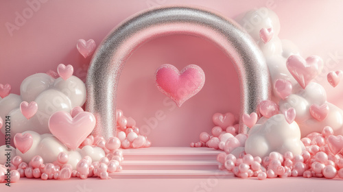 Fototapeta Naklejka Na Ścianę i Meble -  3d pink love podium for product display in studio background. Abstract valentine day banner template with y2k silver chromatic element and cloud design. Promotion offer stand with wall and arch