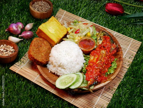 Close up A complete meal featuring white rice, fried fish with red sambal, fried tempeh, fried tofu, fresh vegetables, sambal, and cucumber slices. photo