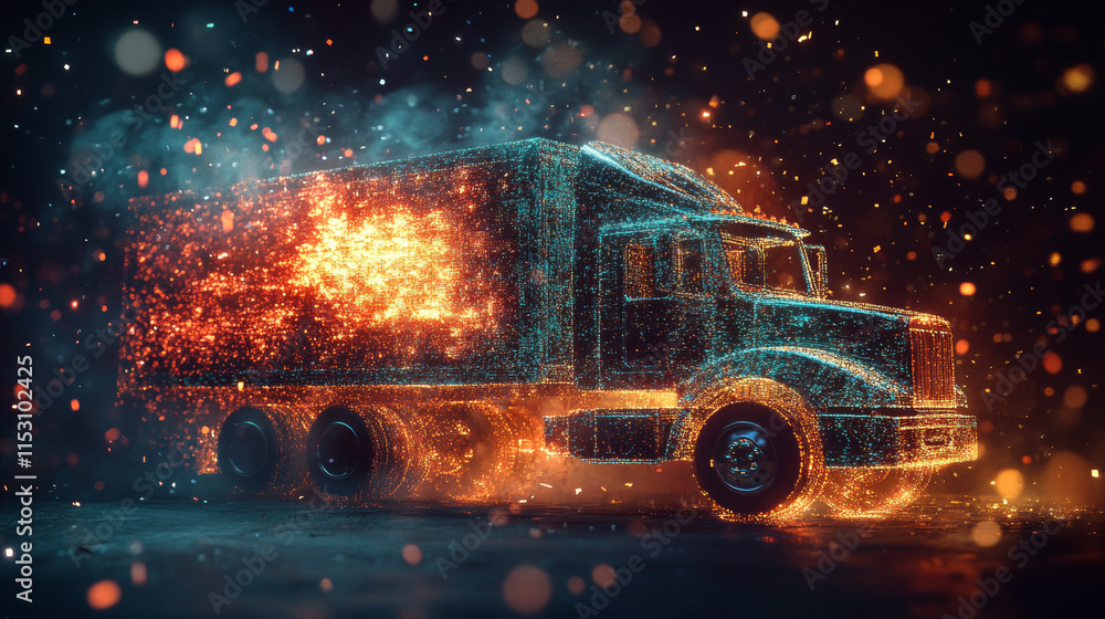 Cargo truck hologram. Holographic projection of a cargo truck. Flickering energy flux of particles. Scientific design of cargo transportation Cargo truck hologram. Holographic projection of a cargo truck. Flickering energy flux of particles. Scientific design of cargo transportation