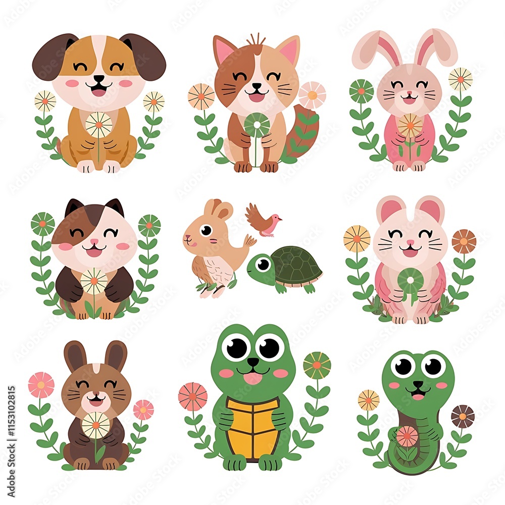 Fototapeta premium Set of ten joyful pets with floral accents, colorful vector style, medium eyes, white background.