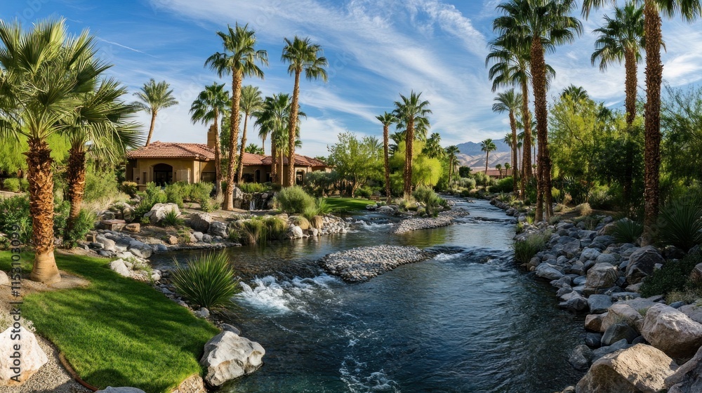 Obraz premium A serene landscape featuring palm trees, a flowing stream, and lush greenery under a blue sky.