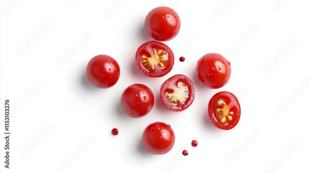 Tomato cherry, juicy red tomatoes whole and slice, realistic vector illustration isolated on white background. Chopped pomodoro, raw organic vegetable Tomato cherry, juicy red tomatoes whole and slice, realistic vector illustration isolated on white background. Chopped pomodoro, raw organic vegetable