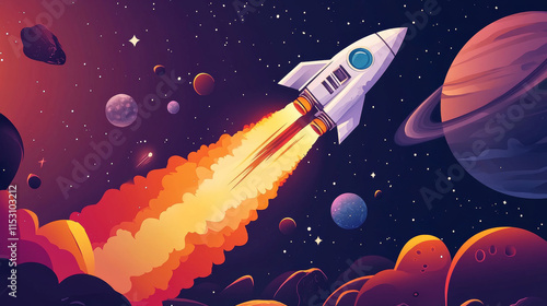 Wallpaper Mural Rocket launch in space. Spaceship on planet cartoon vector. Galaxy ship speed start with fire and smoke in cosmic universe to alien. Fantasy spacecraft in sky startup. Meteorite and asteroid flying Torontodigital.ca