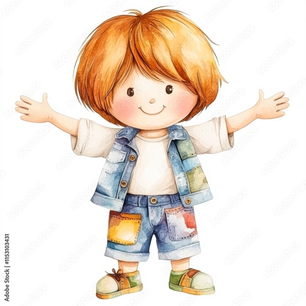 A cheerful, illustrated boy with a playful expression, wearing a denim vest and shorts, poses with open arms, This image can be used for children's products, educational materials, or greeting cards, A cheerful, illustrated boy with a playful expression, wearing a denim vest and shorts, poses with open arms, This image can be used for children's products, educational materials, or greeting cards,