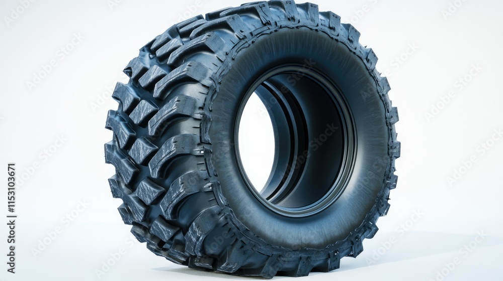 A heavy-duty industrial tire, highlighting its thick tread and durability, placed on white for emphasis. A heavy-duty industrial tire, highlighting its thick tread and durability, placed on white for emphasis.