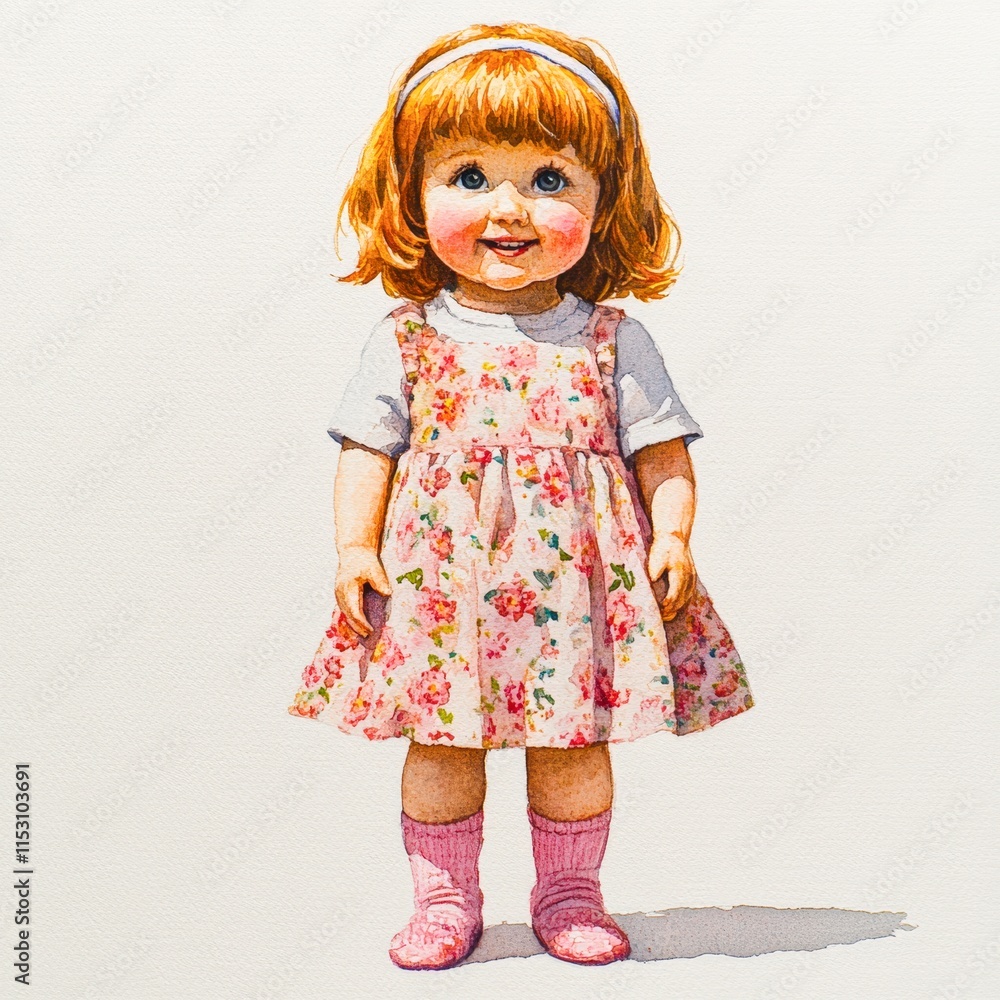 A charming illustration of a smiling girl in a floral dress with rosy cheeks, perfect for projects related to childhood, innocence, or fashion, It can be used in children's books, marketing, or decor A charming illustration of a smiling girl in a floral dress with rosy cheeks, perfect for projects related to childhood, innocence, or fashion, It can be used in children's books, marketing, or decor