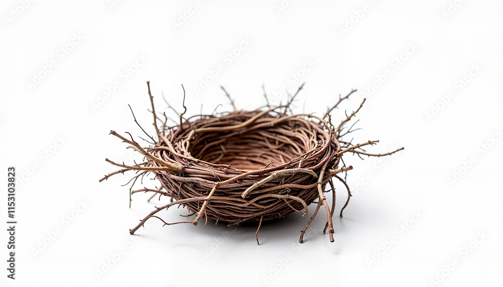 Fototapeta premium Minimalist bird nest made of twigs and dry grass on white background 