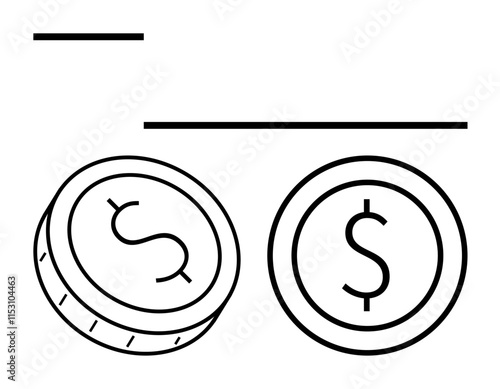 Two coins with dollar symbols and a horizontal line above, in a minimalist black and white style. Ideal for finance, investments, savings, banking, currency, wealth and economics. Line metaphor