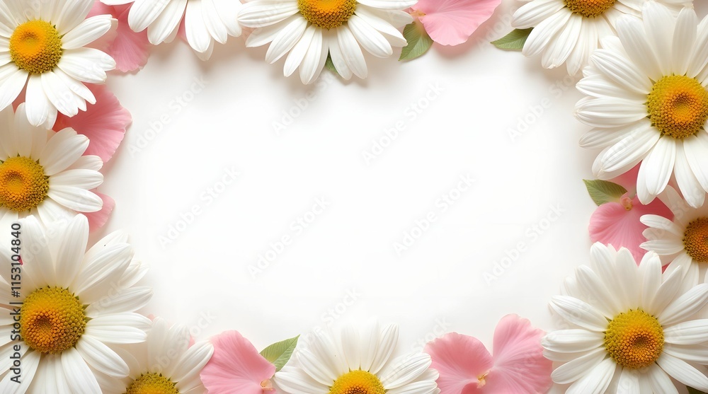 Banner of daisy petals and flowers on white background Banner of daisy petals and flowers on white background