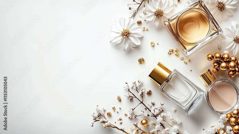 A luxury beauty shop banner with elegant perfume bottles, high-end cosmetics, and gold details on a white background.