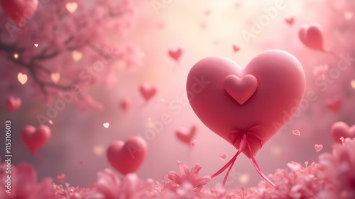 Romantic scene with floating pink hearts and ribbon conveying love and affection against a dreamy blurred backdrop