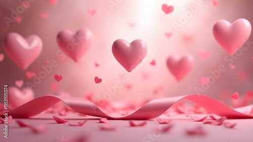 Romantic scene with floating pink hearts and ribbon conveying love and affection against a dreamy blurred backdrop