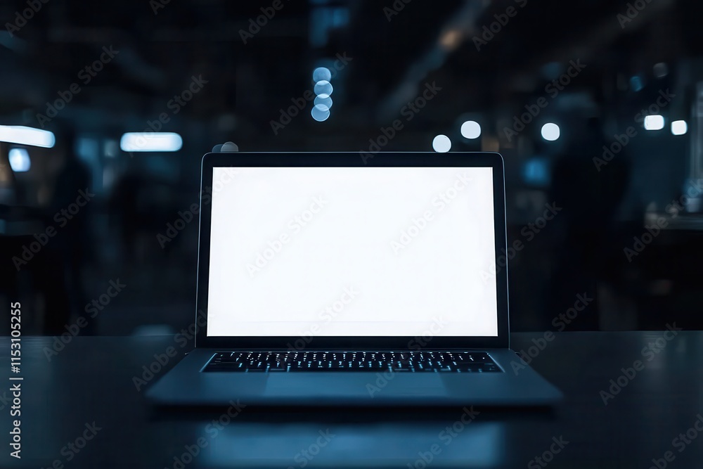 Laptop with Blank Screen in a Dark Ambient Setting at Night Laptop with Blank Screen in a Dark Ambient Setting at Night