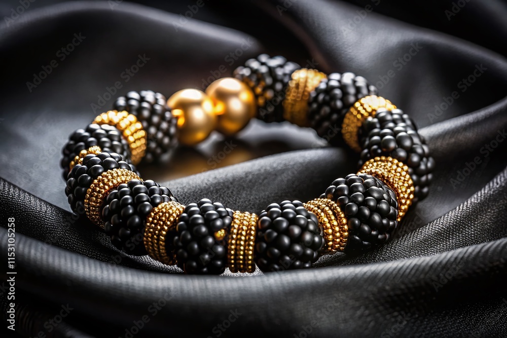 Naklejka premium Elegant Black & Gold Beaded Bracelet on Dark Fabric - Luxury Jewelry Photography